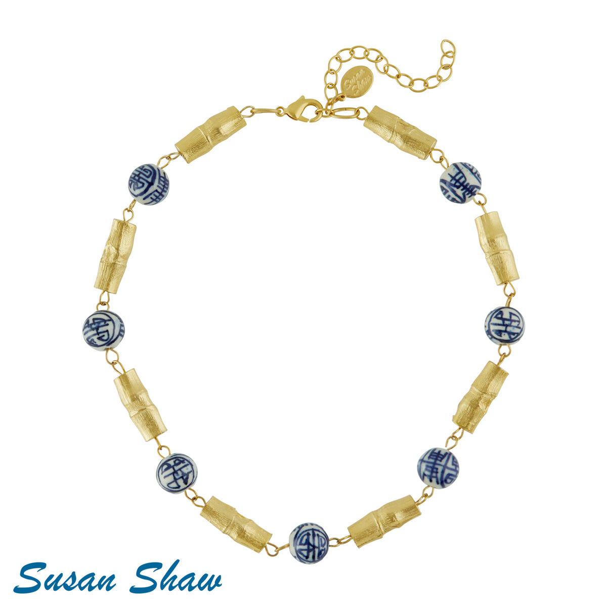 Blue and White Chinoiserie and Bamboo Necklace