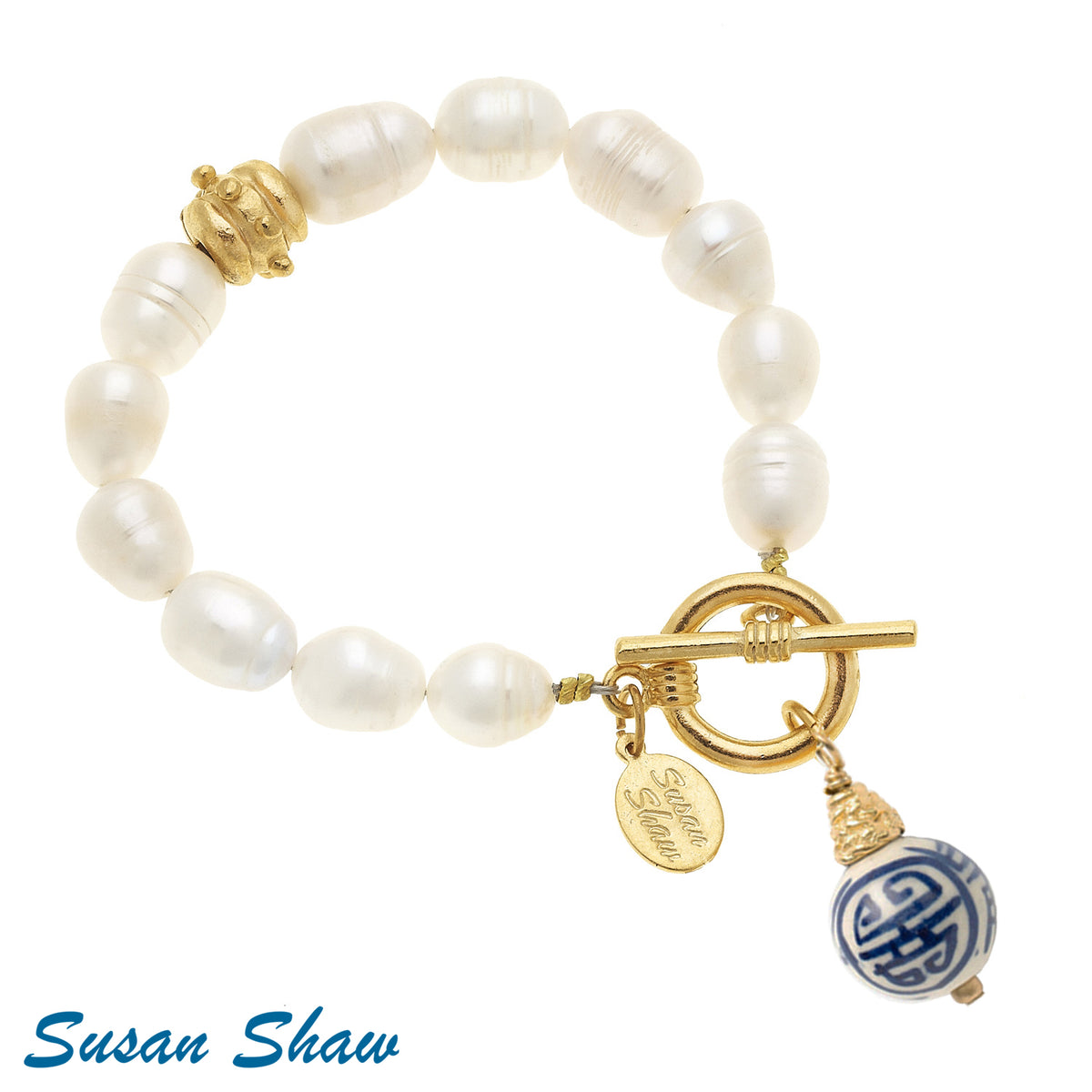 Fresh Water Pearl Bracelet with Blue and White Drop Charm