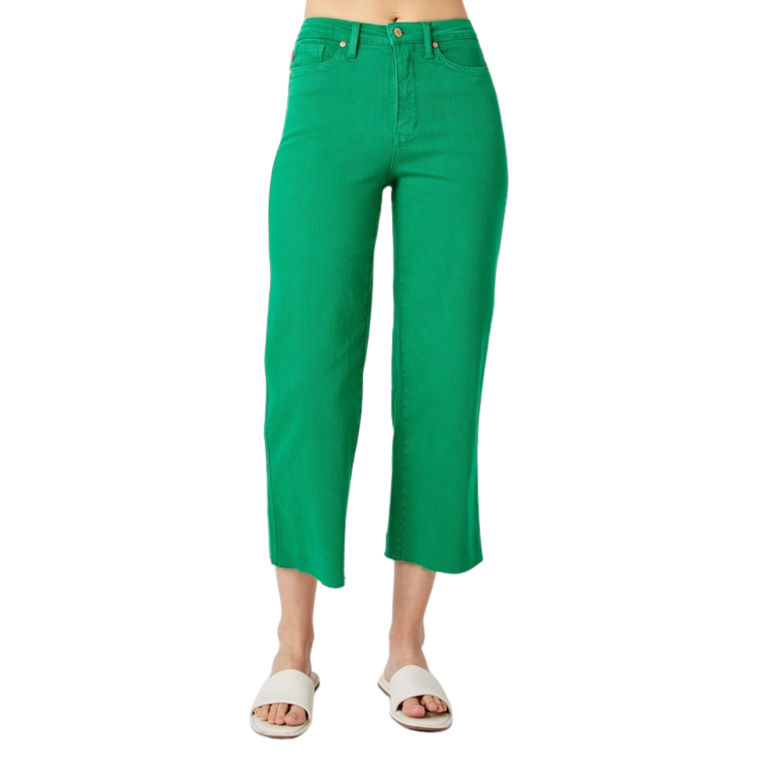 Judy Blue Kelly Green Garment Dyed Wide Crop Pants